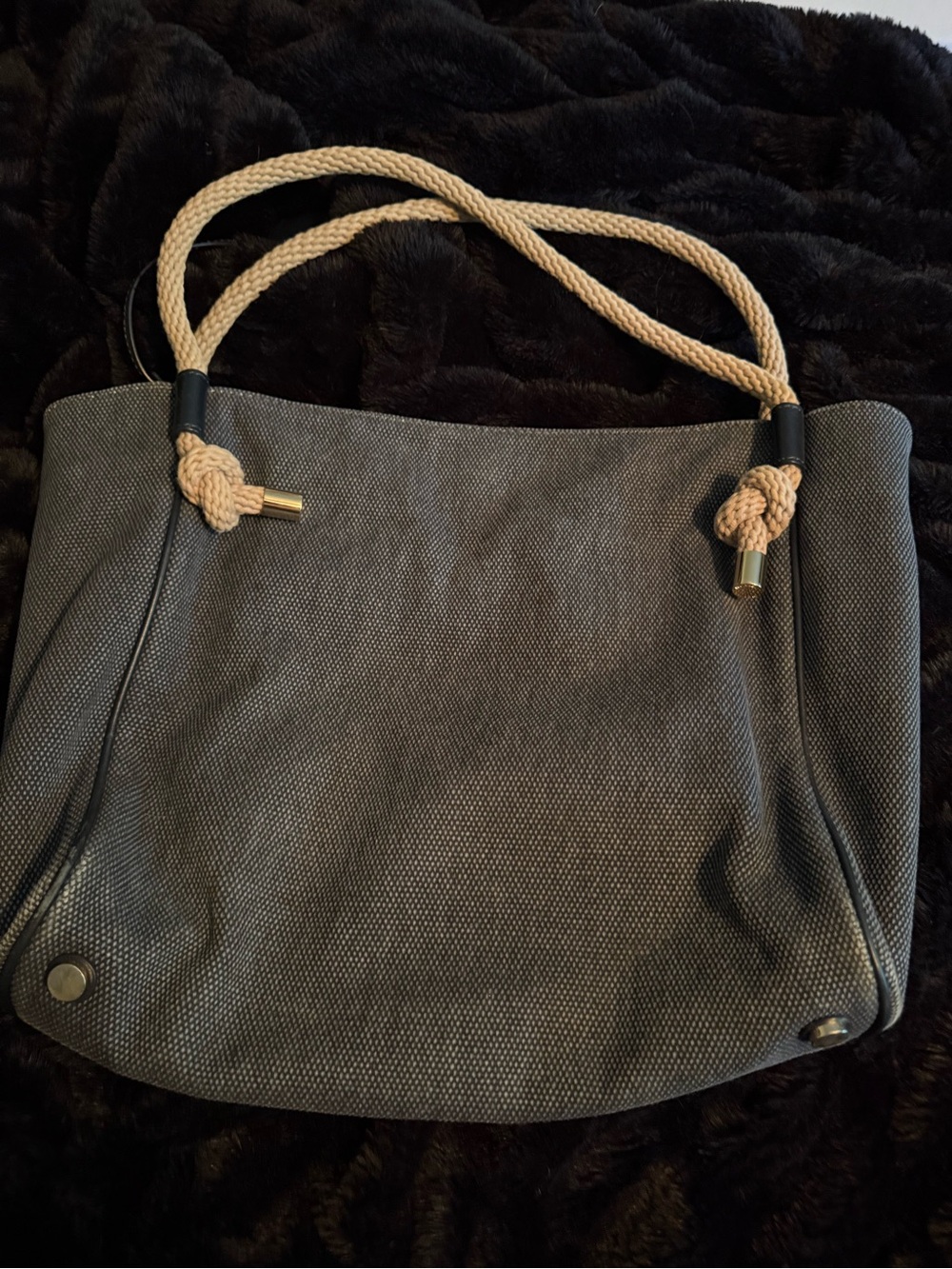Woven Canvas Tote Bag with Rope Handles - Gray & Beige